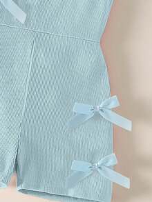 女童休闲时尚日常穿搭无袖高腰短款连体裤，饰有可爱蝴蝶结设计 - 藍色 - 查看 7