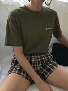 DAZY Loose Fit Letter Print T-Shirt & Plaid Shorts Pajama Set, Outfits - Army Green - View 3