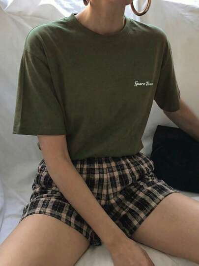 DAZY Loose Fit Letter Print T-Shirt & Plaid Shorts Pajama Set, Outfits