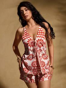 Swim Chiccia 红白抽象印花露背系带镂空抽绳短裤两件套度假套装女装 - 紅色 - 查看 4