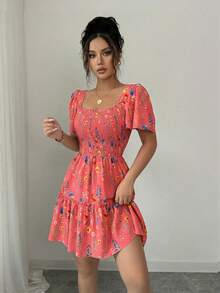 Rafferiza Vestido corto de verano para mujer con cuello cuadrado, mangas acampanadas y volantes en el bajo - Rosado Sandía - Ver 3