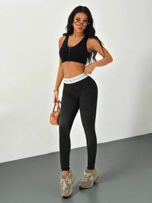 SHEIN PETITE Women's Casual Minimalist Style Basic Leggings, Everyday Wear - Black - View 8