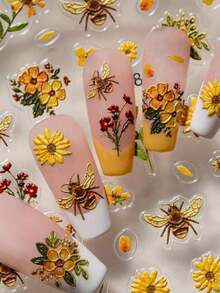 1 Sheet Flower Bee Nail Art Stickers 3D Floral Leaf Plant Relief Self Adhesive Nail Decals Summer Garden Pattern Manicure Supplies Slider Water Transfer Nail Stickers Flower Decoration For Women Girls DIY Salon Accessories - Dusty Pink - View 4
