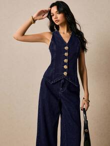Poéselle Women's Denim Sets Single-Breasted Vest And Baggy Jeans With Metal Button,Navy Blue And Gold Summer Elegant Brunch Two Pieces Country Concert Outfit - Dark Wash - View 2