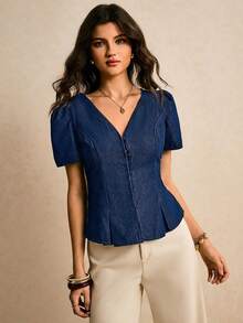 女士休闲花瓣袖牛仔衬衫，夏季 - 深色水洗藍 - 查看 4