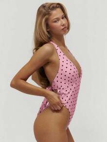 Musera Resort 深V领系带高衩丁字裤波点泳衣泳装夏季游泳海滩度假日常性感可爱旅行Bambola - 粉色 - 查看 3