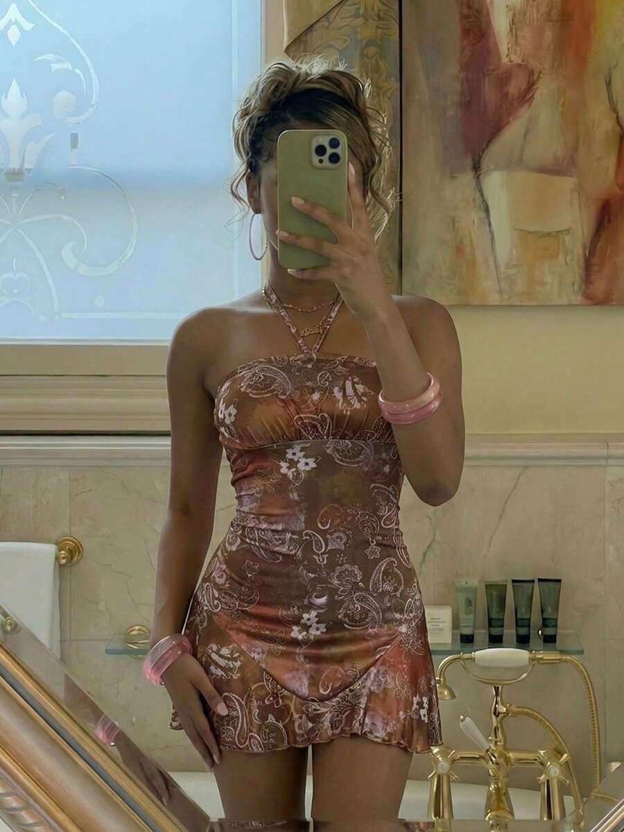 EgrlEra Women's Vacation Cashew Print Halter Asymmetrical Hem Mini Dress Womans Dress New Dress Vintage Wow Dress Women Birthday Dress - Multicolor - View 1