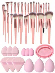 Bộ 25 cọ trang điểm chuyên nghiệp, cọ tán kem nền, cọ phấn mắt, cọ môi, cọ phấn phủ, 3 bông mút trang điểm, 3 miếng bông phấn mini, dụng cụ trang điểm du lịch thiết yếu dành cho nữ. - Hồng - Xem 1