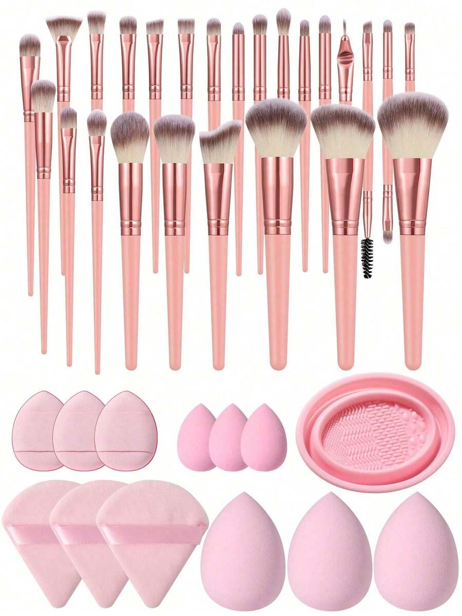Bộ 25 cọ trang điểm chuyên nghiệp, cọ tán kem nền, cọ phấn mắt, cọ môi, cọ phấn phủ, 3 bông mút trang điểm, 3 miếng bông phấn mini, dụng cụ trang điểm du lịch thiết yếu dành cho nữ. - Hồng - Xem 1