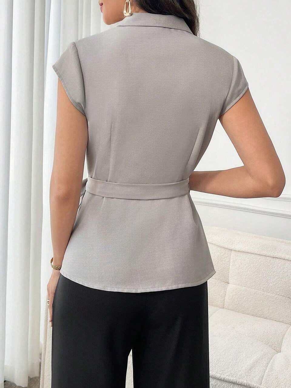 Women's Solid Color Notched Collar Twist Casual Elegant Versatile Commuting Lightweight Blazer Teachers' Day Office Gray Summer