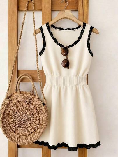 Franclia Đầm chữ A cổ tròn cho nữ, đầm dệt kim không tay màu đen trắng kiểu dáng thường ngày, viền hoa phối màu tương phản, đầm đi biển xuân hè cho nữ, đầm thanh lịch, đầm thường ngày cho nữ, trang phục nghỉ dưỡng cho nữ, đầm trắng cho nữ, trang phục đi làm cho nữ.