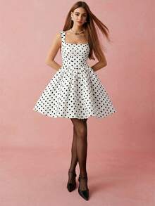 Women's Polka Dot Pattern Square Neck Sleeveless Elegant Dress - White - View 1