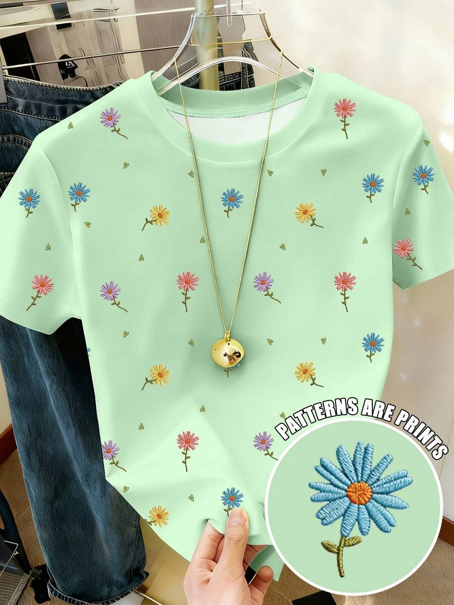 Resyla Floral Print Short Sleeve T-Shirt, Summer T-Shirt, Refreshing Ladies Top, Aesthetic Tee - Multicolor - View 1
