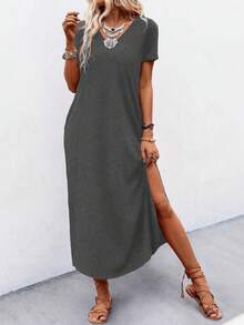 EMERY ROSE Đầm tay ngắn viền tròn màu trơn đơn giản cho nữ, mùa hè - Xám - Xem 4