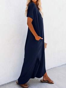 EMERY ROSE Women's Casual Solid Color Curved Hem Short Sleeve Mini Dress, Summer - Navy Blue - View 6