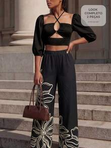 CAJUNI Women's Vacation Solid Color Lantern Sleeve Hollow Out Cropped Halter Top And Floral Print Pants Set - Black - View 7