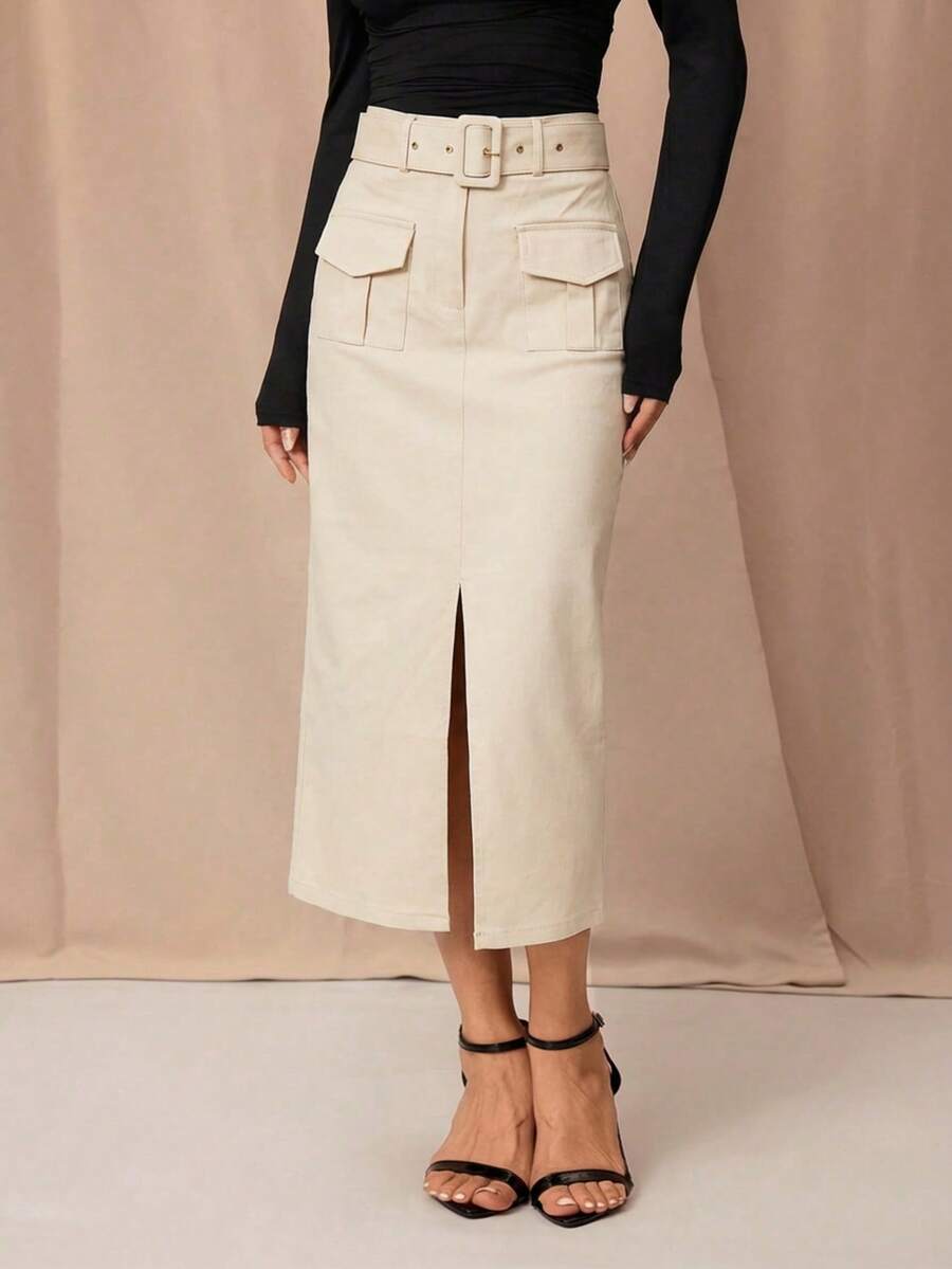 Cargo Midi Skirt With Belt Midi Skirt With Pockets And Opening Fitted Midi Skirt For Women Midi Skirt With Belt Midi Skirt With Cargo Pockets Cargo Midi Skirt, Belt Included Midi Skirt With Front Opening Midi Slim Fit Skirt, Functional Pockets Versatile Midi Skirt For Everyday Look Premium Quality Midi Skirt - 卡其色 - 查看 1
