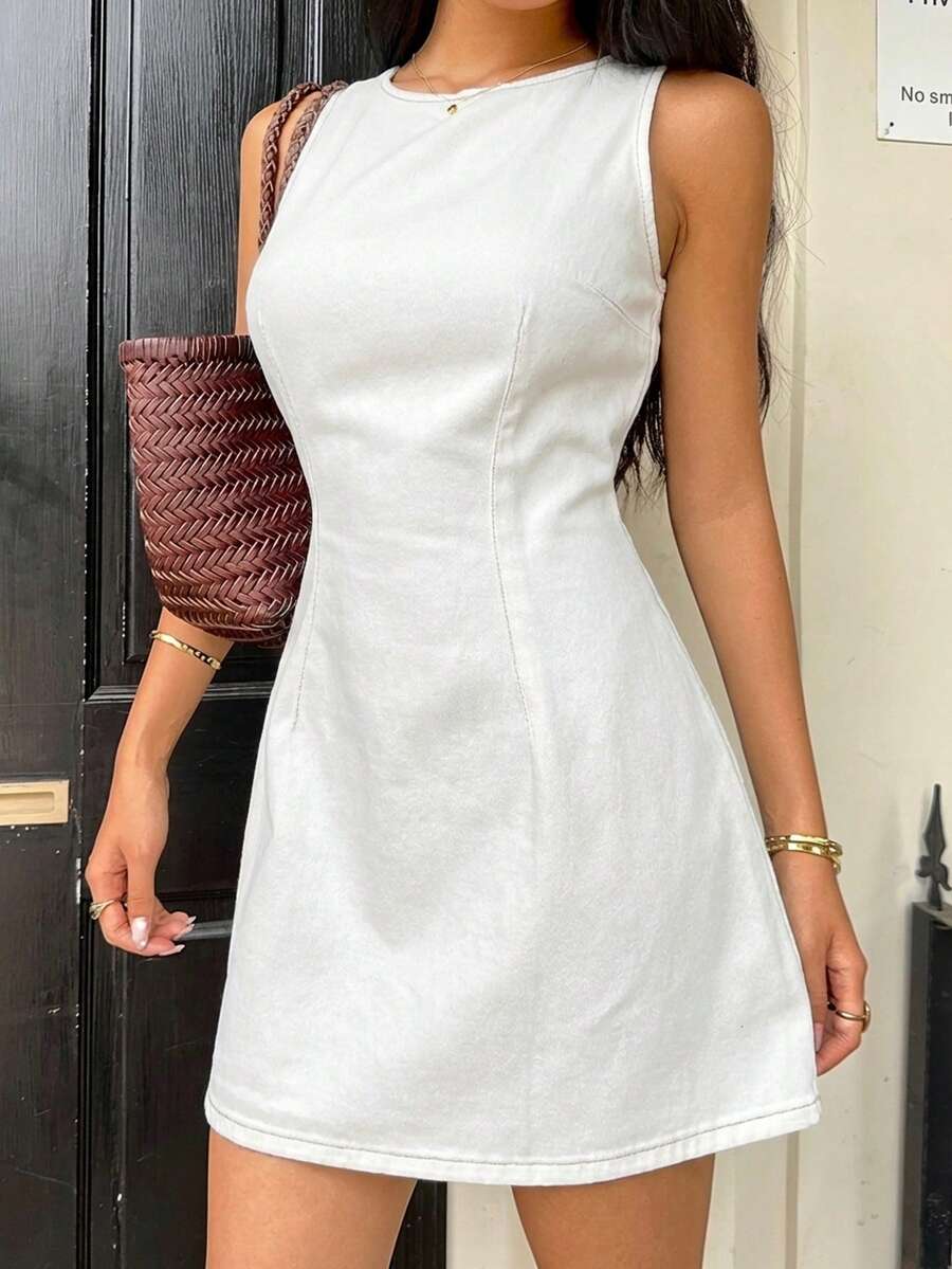 Siren Gaze Đầm ngắn không tay bằng vải denim dành cho nữ, kiểu dáng ôm vừa vặn, màu xanh dương. - trắng - Xem 1