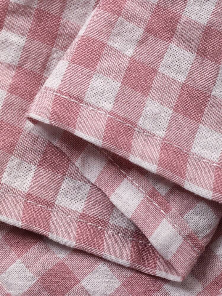 Beach Party Holiday Outfit, Summer Cotton Pink Plaid Blouse & Skirt 2 Pieces Set For Women Boho