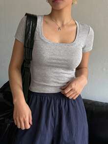 DAZY Comfortable Ribbed V-Neck Cropped Top Paired With Loose Straight Leg Pants Women Home Clothing Pajama Set - Grey - View 2