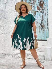 SHEIN CURVE+ Kích cỡ US22 (dành cho nữ, phù hợp với lễ hội âm nhạc, kỳ nghỉ bên bờ biển, phong cách bohemian). Đầm nữ mùa hè in hoa, cổ chữ V khoét eo, tay ngắn kiểu cánh dơi, trang phục thường ngày, trang phục đi biển mùa xuân cho nữ, ngày lễ Thánh Patrick, trang phục công sở, ngày lễ Thánh Patrick. - màu xanh lá - Xem 3