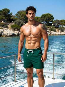 Manfinity Swimmode Men's Dark Green Solid Elastic Waist Drawstring Casual Beach Shorts With Pockets,Summer Swim Trunks Board Shorts Streetwear Holiday Vacation Hawaii - Dark Green - View 6