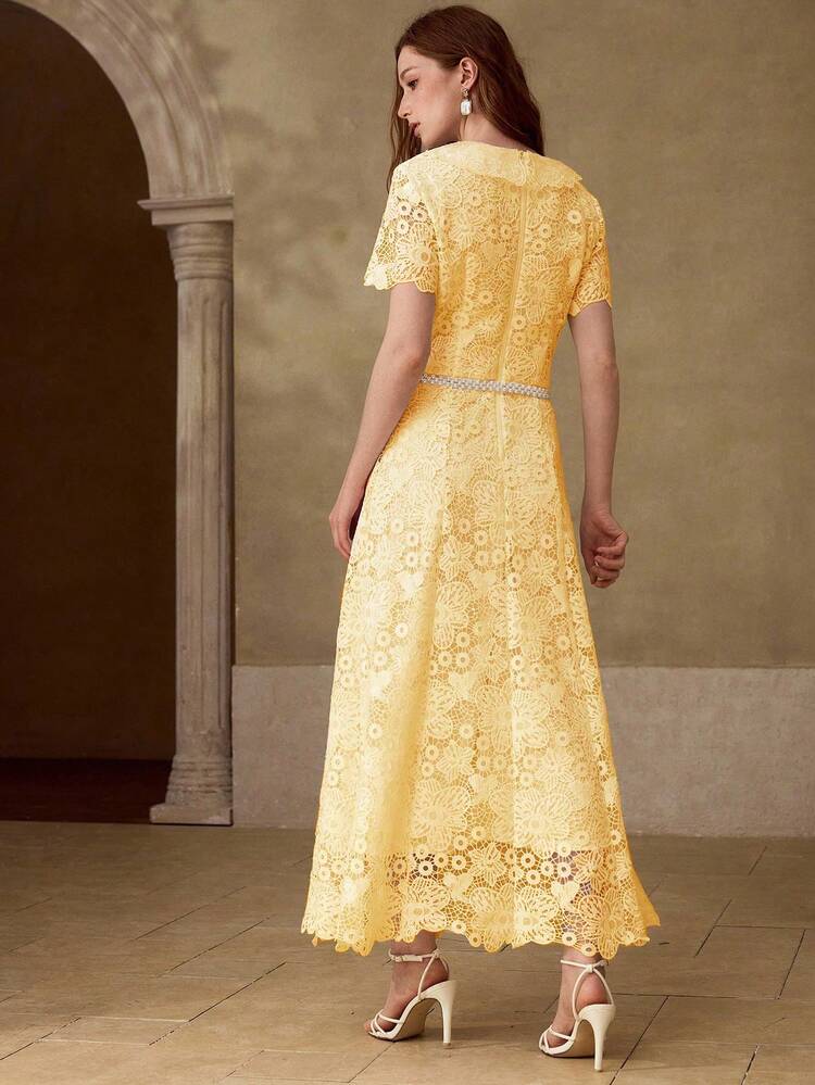 GUIPURE LACE ELEGANT FLORAL LONG DRESS FOR WOMEN