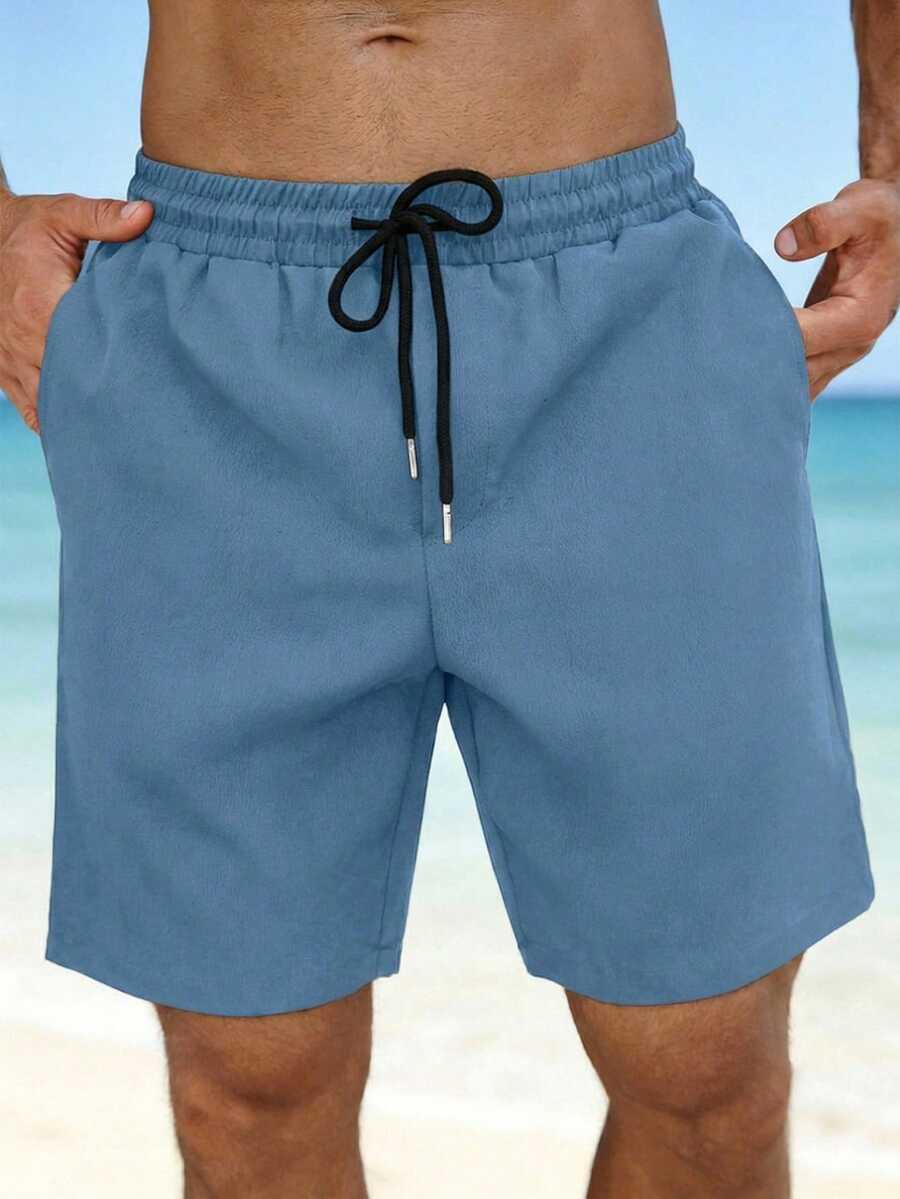VIVINTIMO Men's Casual Beach Vacation Drawstring Waist Loose Shorts With Side Pockets, Minimalist Solid Color For Daily Commute, Summer, Holiday - Baby Blue - View 1