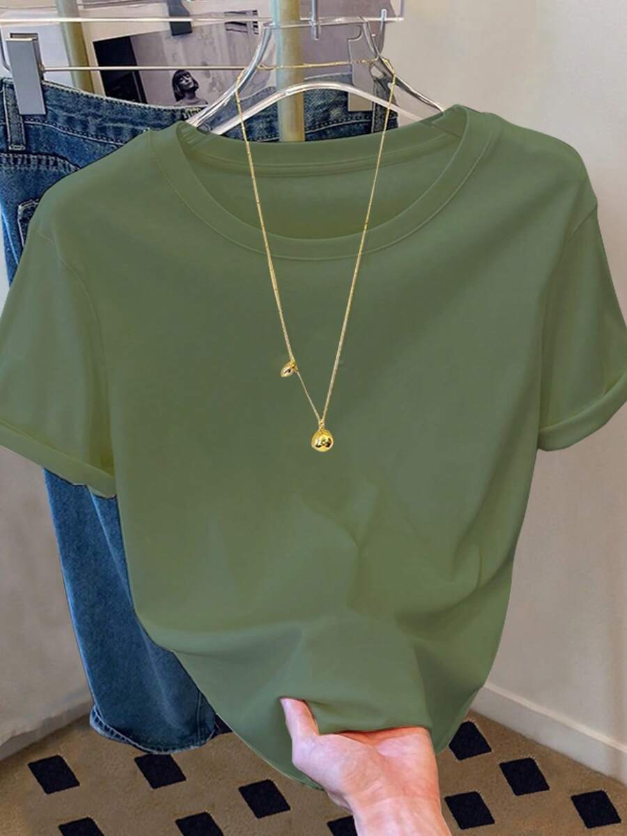 Resyla Áo thun nữ cổ tròn màu trơn, kiểu dáng thường ngày, đa năng cho mùa hè. - xanh quân đội - Xem 1