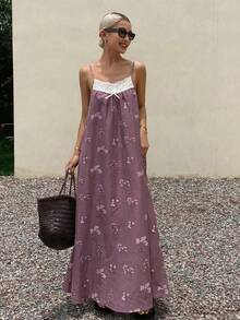 DAZY Floral Print Patchwork Trim Camisole Nightgown For Women Pajamas - Purple - View 2