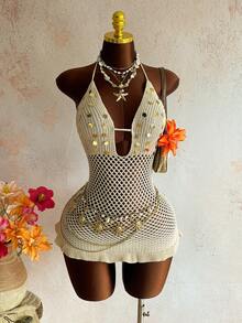 Roelina Đầm dệt kim hở lưng, gợi cảm, đính sequin, kiểu dáng khoét lỗ, buộc dây, thích hợp đi biển. - Màu be - Xem 1