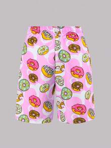 Tween Boy Donut Print Drawstring Waist Loose Swim Shorts - Pink - View 2