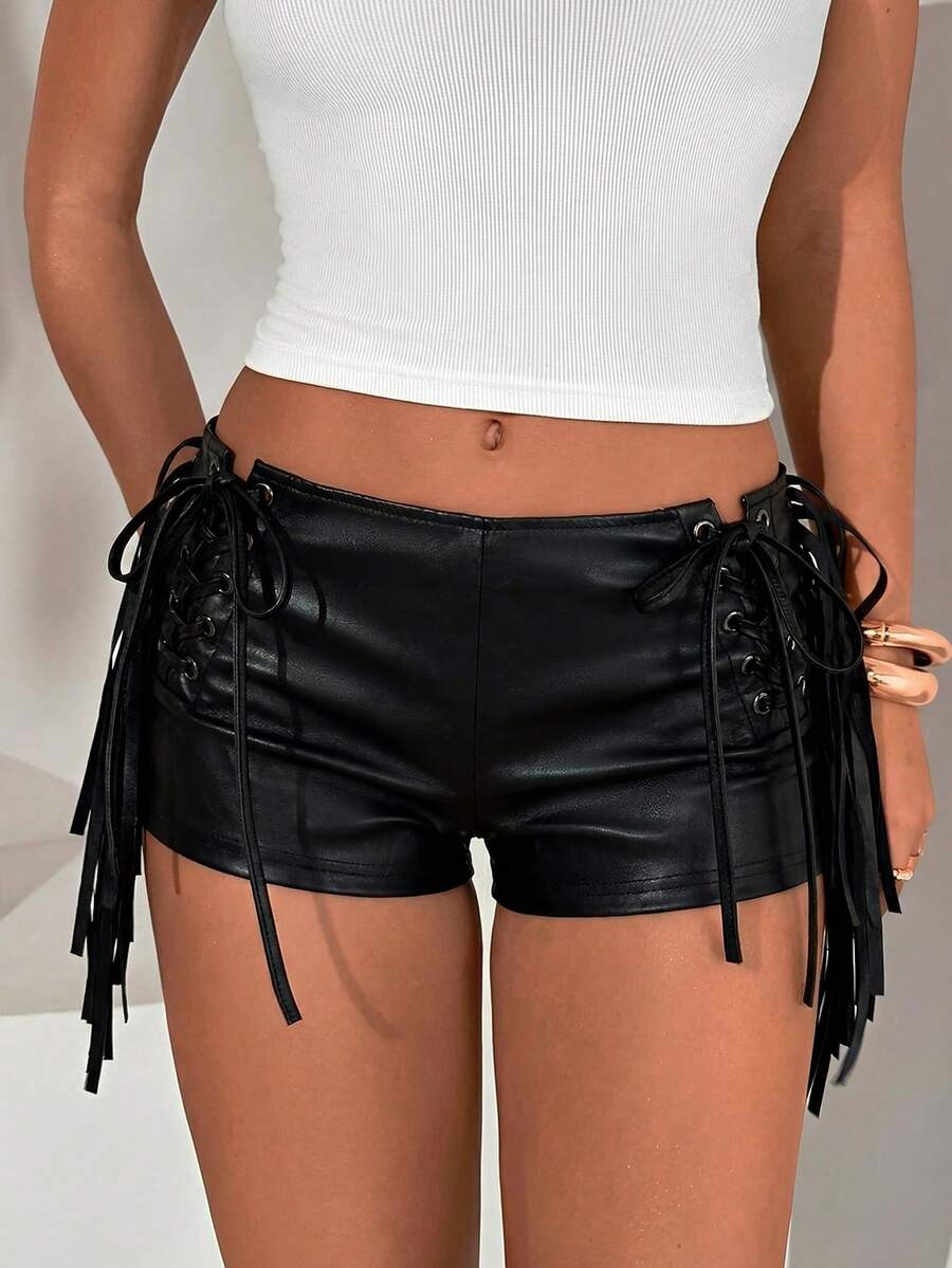 Aloruh Quần short da PU kiểu Bohemian mới dành cho nữ, màu nâu đậm nhuộm tie-dye, quần short siêu ngắn bó sát có tua rua, thích hợp cho mùa xuân/hè. - màu đen - Xem 1