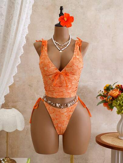 Bellisia New Orange Printed Women's Tankini Swimsuit, Sexy Beach Vacation Date Swimwear, Spring/Summer Women Vacation Outfit Sets Summer Outfit For Women Beach Swimsuit