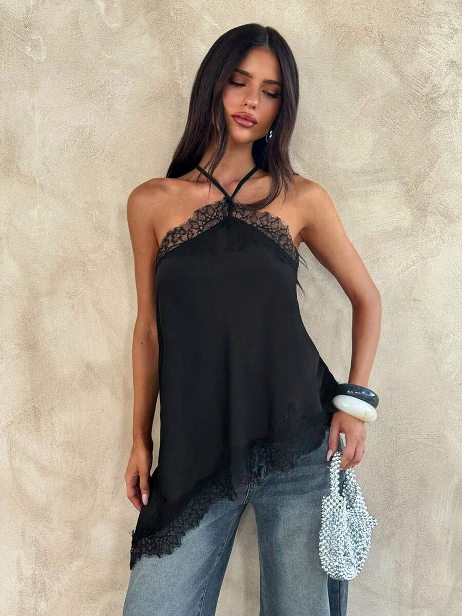 Opulessa 女士撞色蕾丝吊带背心，适合春夏度假 - 黑色 - 查看 1