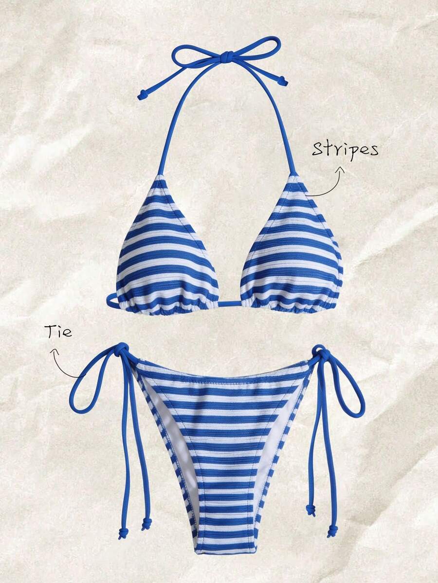 Women's Vacation Beachside Striped Swimsuit Set For Summer - Blue and White - View 1