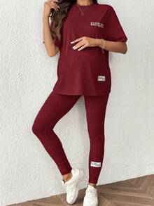 SHEIN 2pcs Maternity Applique & Letter Print Round Neck Short Sleeve Top And Leggings Set - Burgundy - View 4