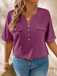 Momelise Atasan Blus Wanita Ukuran Besar Kasual dengan Kerah Berlekuk dan Hiasan Kancing Kayu, Atasan Terbaru untuk Wanita - Red Violet - View 3