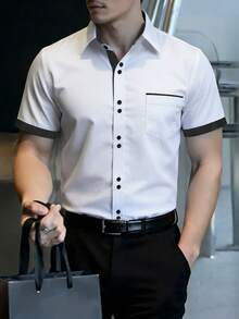 Calvornis Áo sơ mi nam tay ngắn họa tiết khối màu thường ngày đi làm mùa hè - trắng - Xem 1