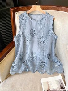 Lacomfia Women Elegant Minimalist Round Neck 3D Hollow Floral Summer Camisole Summer Holiday Vacation Outfits - Blue - View 1