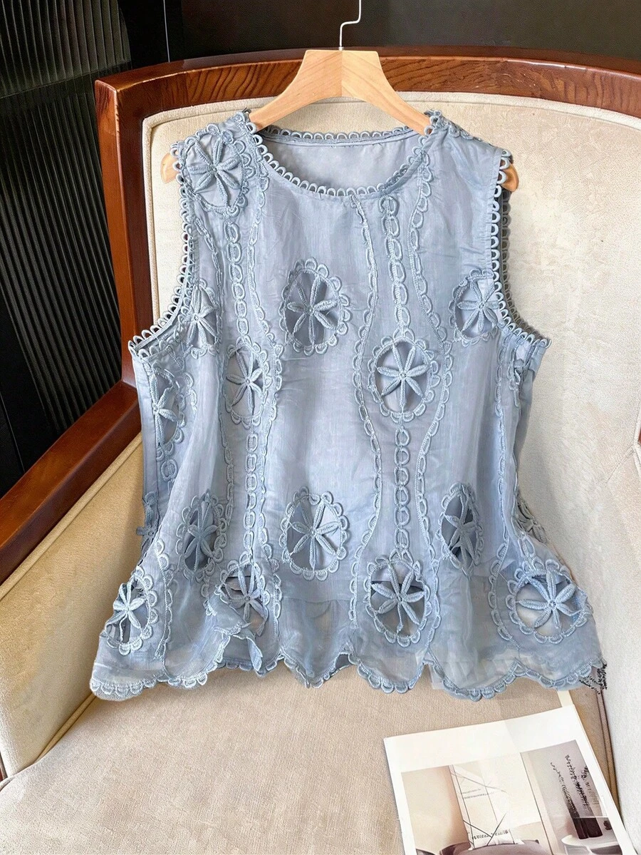Lacomfia Women Elegant Minimalist Round Neck 3D Hollow Floral Summer Camisole Summer Holiday Vacation Outfits - Blue - View 1