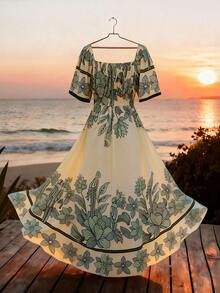 SHEIN Holidaya Đầm maxi ngắn tay cổ vuông in hoa phong cách bohemian dành cho nữ, thích hợp cho kỳ nghỉ biển. - màu xanh lá - Xem 2