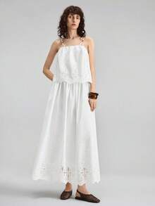 Ontre Women White Summer 2-Piece Set, Embroidered Hollow Woven Fabric, Elegant Tropical Boho Vacation Style Beaded Camisole Top Pleated A-Line Skirt - White - View 3