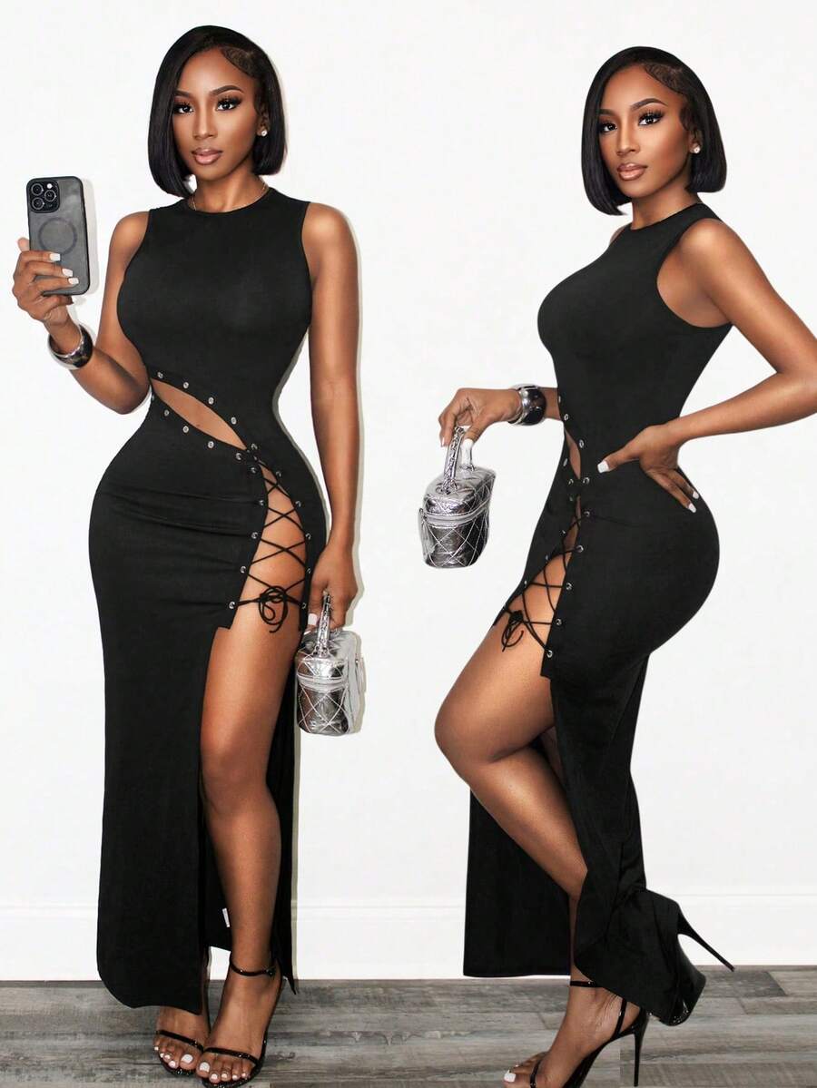 SHEIN PETITE Vestido de tirantes con abertura y diseño calado con lazo para mujer - Negro - Ver 1