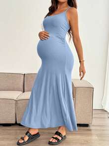 SHEIN Vestido de embarazo de unicolor con tirantes finos, ajustado y fruncido, de alta elasticidad y sin mangas - Celeste - Ver 3
