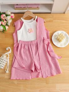SHEIN Elladie kids 女童夏季三件套：无袖露脐上衣、直筒短裤和带腰带装饰的薄针织外套，休闲舒适 - 粉色 - 查看 3