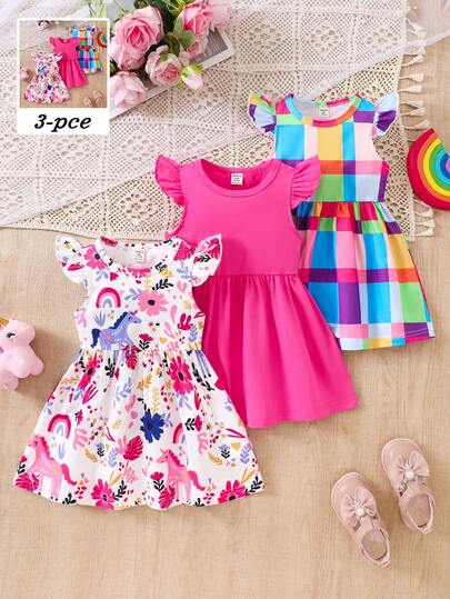 Bộ 3 món váy bé gái in họa tiết hoạt hình hoa lá kẻ caro tay bồng, kiểu dáng thời trang thường ngày, hàng mới về, mùa xuân/hè. Bao gồm: Váy in hình ngựa nhiều màu, Váy kẻ caro nhiều màu, Váy không tay màu trơn. Thích hợp cho bé gái dễ thương, thoải mái và giản dị, lý tưởng cho mặc hàng ngày, đi học, đi chơi, dự tiệc, nghỉ lễ.