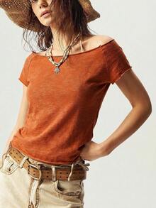 Bohemela Solid Color Knit Boat Neck Fitted Washed T-Shirt For Women,Summer Top - Burnt Orange - View 3