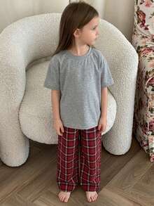 Hapijoa Girls Pre-Teen Round Neck Short Sleeve Knit T-Shirt + Plaid Long Pants Home Outfit, Spring/Summer - Multicolor - View 4