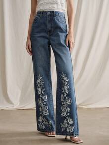 Anewsta Quần jeans ống đứng thêu hoa phong cách lãng mạn mới dành cho nữ, mùa xuân/hè. - Rửa tối - Xem 2
